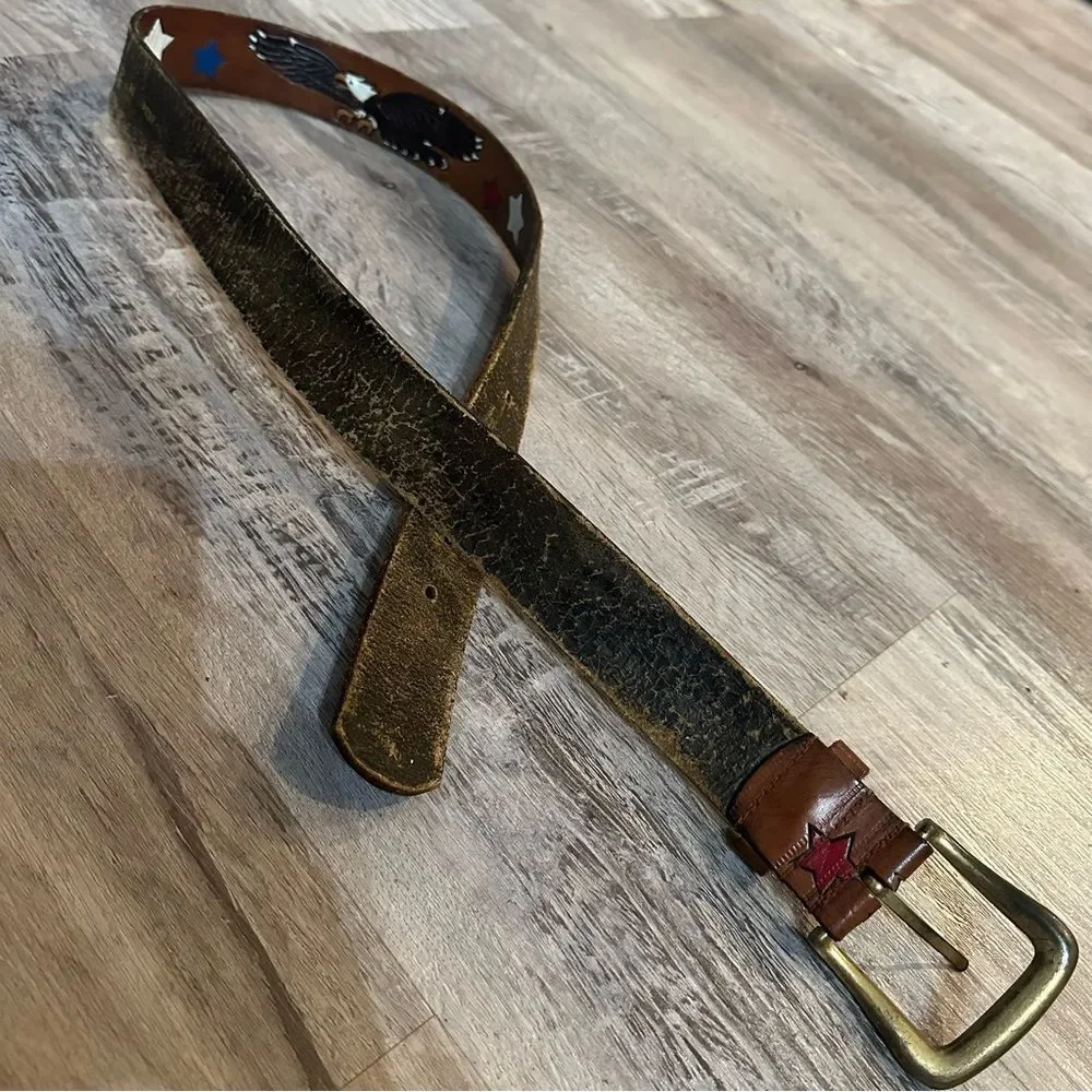 Genuine Full Grain Leather Belt Size 36 Hand Painted Eagle Patriotic Stars Brown